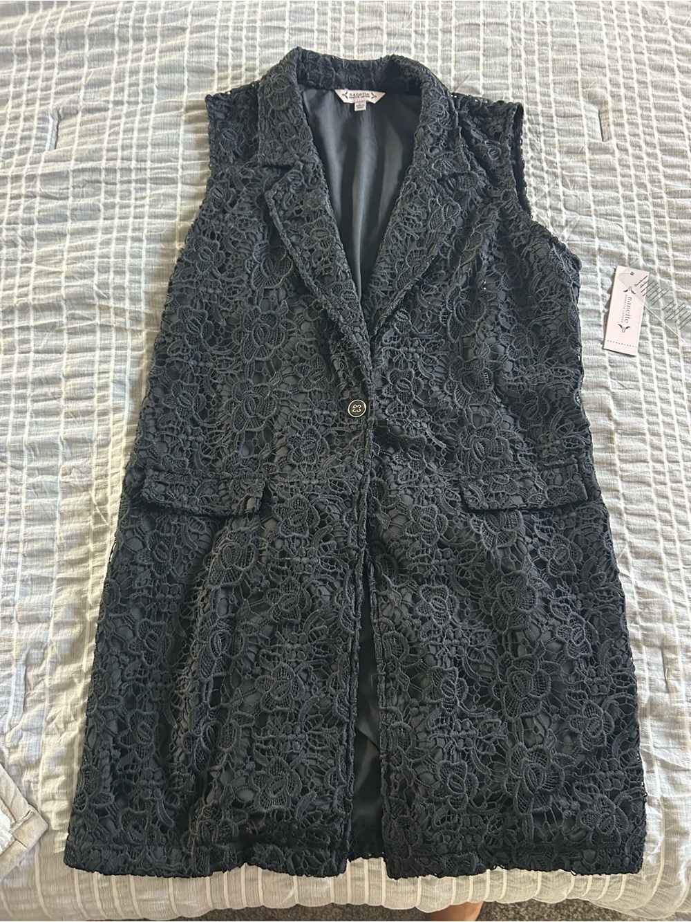Lace Sleeveless Long Vest Jacket - Black